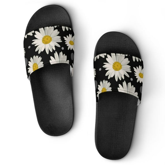 GZHJMY Stylish Slides for Women Men, White Chrysanthemums on Black Background Soft Flexible Slip-on Sandals Slippers