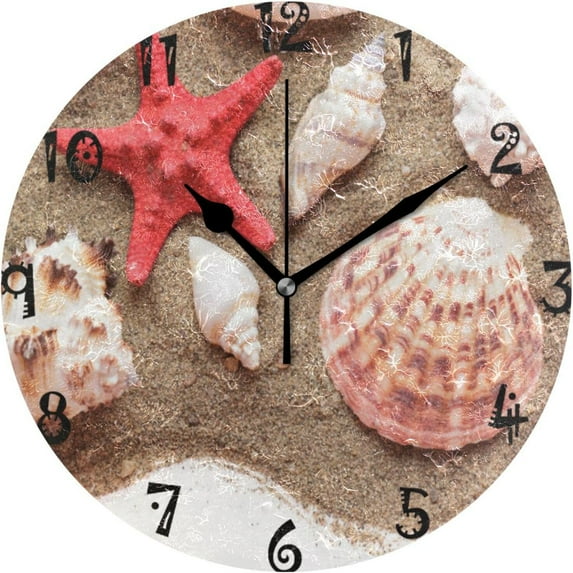 GZHJMY Summer Beach Shells Wall Clock,Silent Non Ticking 10 Inch Battery Operated Round PVC Wall Clocks for Kitchen,Home,Bedrooms,Office Decor