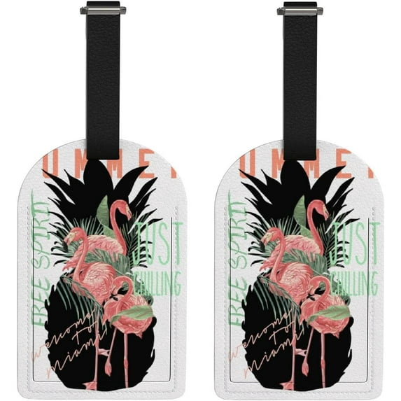 GZHJMY Summer Pineapple Flamingo Luggage Tags Set of 2, PU Leather Travel ID Label with Privacy Name Card Cover for Travel Bag Suitcase Decoration