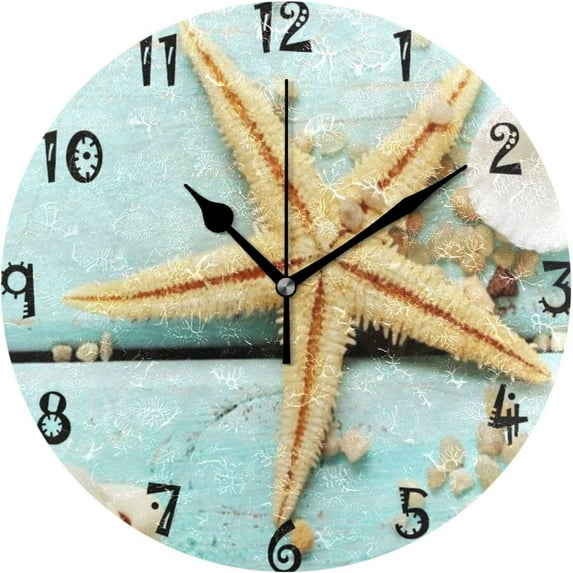 GZHJMY Summer Starfish Seashell Wall Clock,Silent Non Ticking 10 Inch Battery Operated Round PVC Wall Clocks for Kitchen,Home,Bedrooms,Office Decor