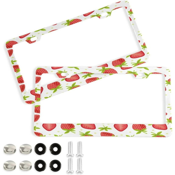 GZHJMY Summer Strawberries License Plate Frames Set of 2, Universal Aluminum License Plate Holders 2 Holes Car Tag Frames Automotive Exterior Accessories with Screw Caps Decorative