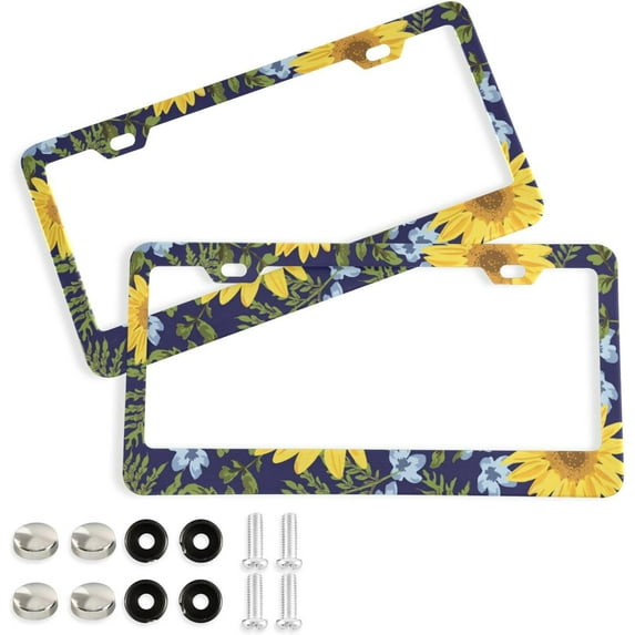 GZHJMY Sunflower License Plate Frames 2pcs, Waterproof Aluminum Alloy Front Rear Tag Car License Plate Cover with Screw Cap Set for US Vehicles, 12 x 6 Inch