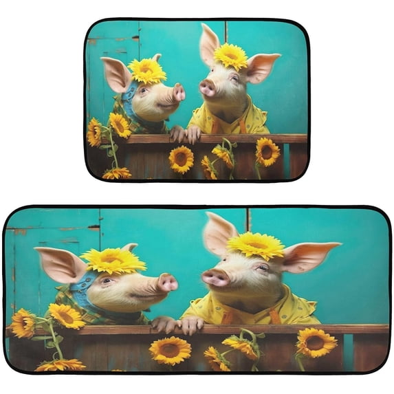 GZHJMY Sunflower Pig Kitchen Rug Set of 2 Non Slip Washable Cushioned Anti-Fatigue Kitchen Mat Comfort Standing Floor Mat for Kitchen Washroom Bedroom Carpet Runner