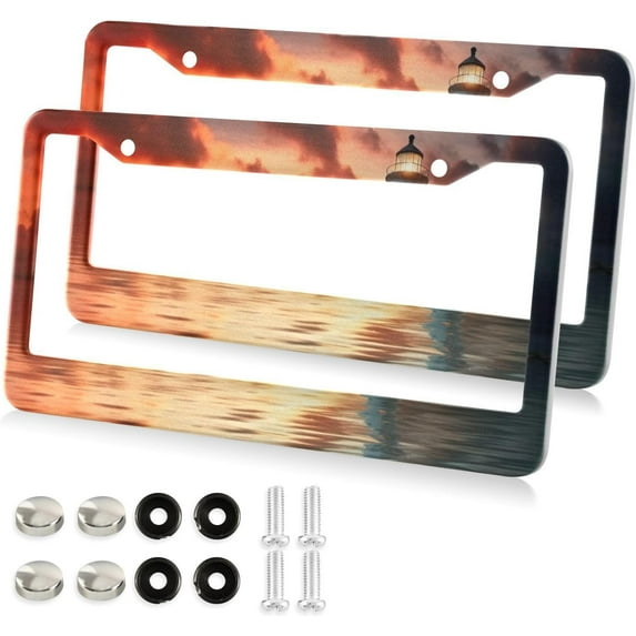 GZHJMY Sunset Light House License Plate Frames 2 Pack Aluminum License Plate Holder Universal Car License Plate Covers with Screw Caps Decorative