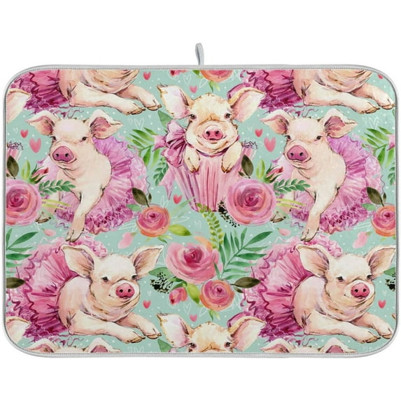 GZHJMY Sweet Cute Pig Rose Floral Absorbent Dish Drying Mat, 16 x 18 Inches Microfiber Kitchen Countertop Table Protector Multi-Purpose Counter Rack Sink Drainer Pad