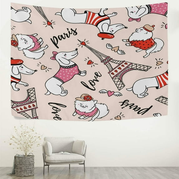 GZHJMY Tapestry Wall Hanging Cute Cartoon Dachshund Dog Animal Eiffel Tower Tapestry Decorative Wall Blanket Bedding Tapestry for Bedroom Living Room Dorm 80"x60" Gift Decor