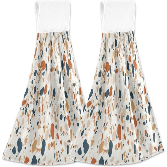 GZHJMY Terrazzo Hanging Tie Towels Set of 2, Soft Absorbent Kitchen Hand Towels with Hanging Loops for Kitchen Bathroom Farmhouse Home Decor, 18.2 x 14 Inch Wash Cloths