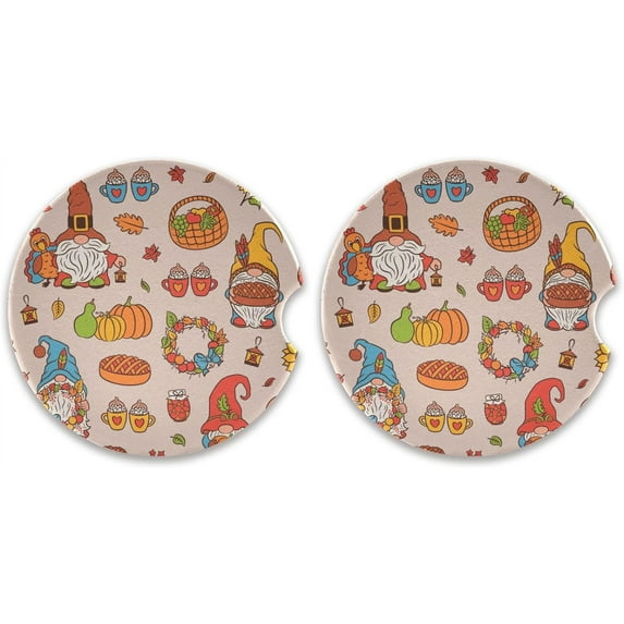 GZHJMY Thanksgiving Gnome Car Coaster for Cup Holders, 2 Pack Absorbent Ceramic Car Universal Vehicle Non-Slip Car Cup Holder Coaster Cup Coasters