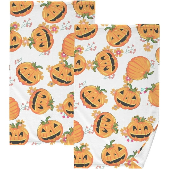 GZHJMY Thanksgiving Pumpkin Cotton Towels Set, 2 Pcs Absorbent Autumn Pumpkins Hand Towel Face Towels Kitchen Towels Bath Towels for Bathroom Laundry Room Kitchen 16 x 28 Inches