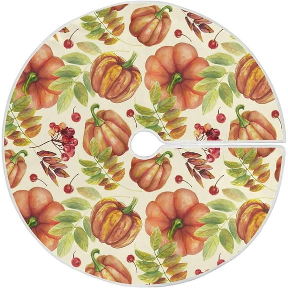 GZHJMY Thanksgiving Tree Skirt Berries Pumpkins Xmas Tree Skirt Floor Door Round Mat Decorations for Holiday Party Home Christmas Day Ornaments, 35.4"