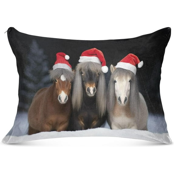 GZHJMY Three Cute Horses for Christmas Zippered Velvet Pillowcases,Super Soft and Cozy Luxury Plush Pillow Case Bed Pillow Pillowcases,Queen Size 20x30 in Home Decor