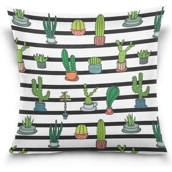 GZHJMY Throw Pillow Case Decorative Cushion Cover Square Pillowcase, Tropical Cactus Black White Striped Sofa Bed Pillow Case Cover(18x18inch) Twin Sides Home Decor