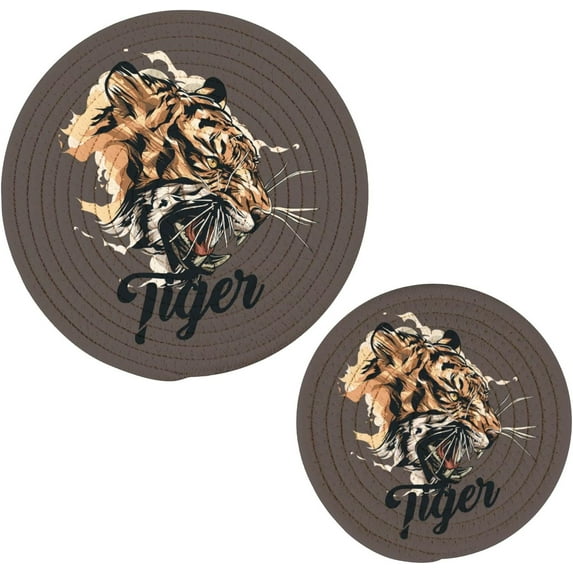 GZHJMY Tiger Animal Graffiti Graphic Print on Grey Pot Holders Trivets Set of 2 Round Cotton Thread Weave Potholders for Kitchens Hot Pads Table Mats Coasters for Hot Dishes