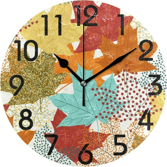 GZHJMY Trendy Colors Autumn Leaves Art Round Wall Clock, 9.5 Inch Battery Operated Quartz Analog Quiet Desk Clock for Home,Office,School,Kitchen