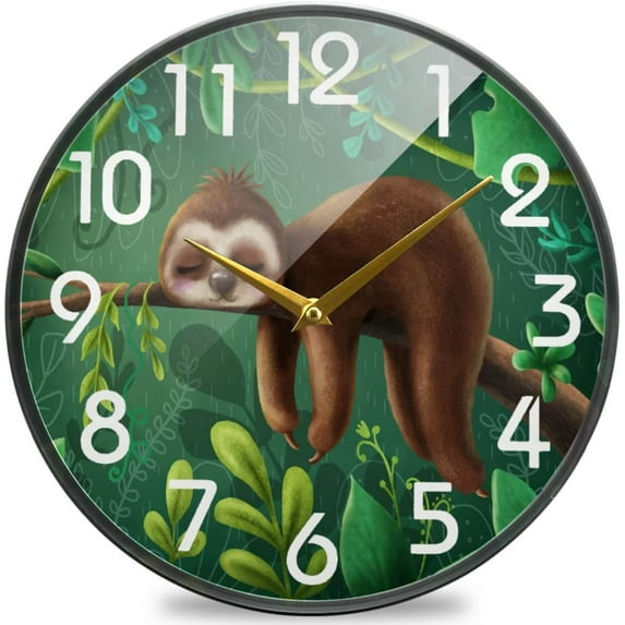 GZHJMY Tropical Cute Sloth on Tree Branch Round Wall Clock, 9.5 Inch Silent Battery Operated Quartz Analog Quiet Desk Clock for Home,Office,School