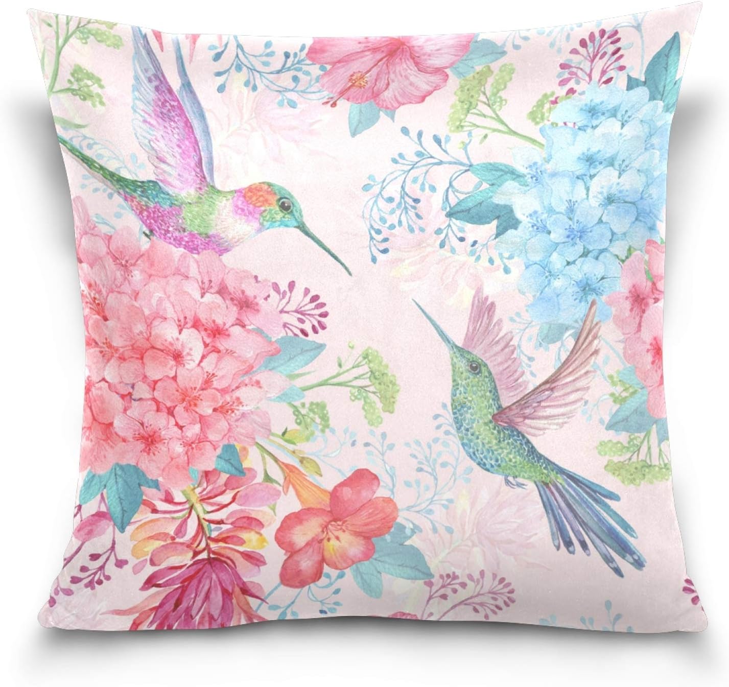 Hummingbird Watercolor Pillow Cover – 18x18 Art Deco Floral Pattern, Zip Closure