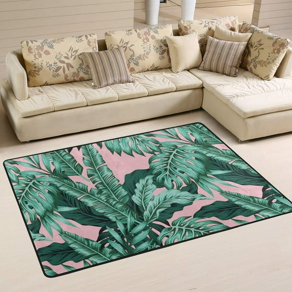 GZHJMY Tropical Leaves Non Slip Area Rug for Living Dinning Room Bedroom Kitchen, 2' x 3'(24 x 36 Inches / 60 x 90 cm), Palm Tree Nursery Rug Floor Carpet Yoga Mat