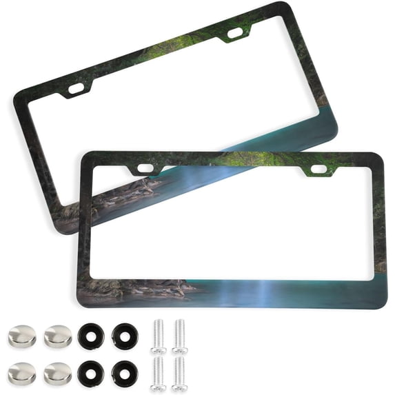 GZHJMY Tropical Rainforest Waterfall License Plate Frames 2PCS Car License Plate Holder with Screw Parts Cover Set Automotive Car Accessories Decor for Universal US Vehicles