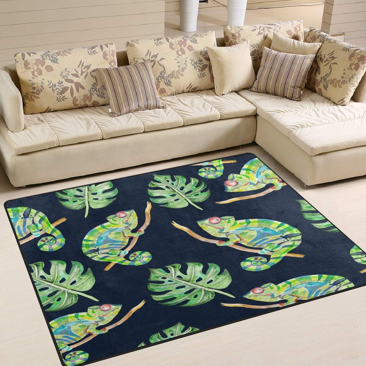 GZHJMY Tropical Watercolor Leaves of Monstera and Chameleon Area Rug