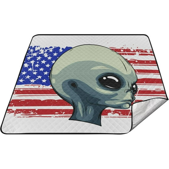 GZHJMY USA Flag Alien Large Picnic & Outdoor Beach Blanket, Waterproof Foldable Sandproof 3-Layer Picnic Mat for Camping,Hiking,Travel,Park,Concerts,78"X 78"