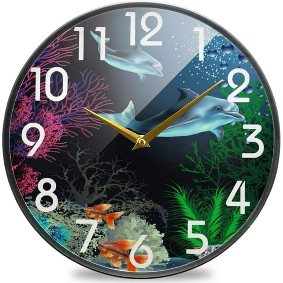 GZHJMY Underwater World Two Dolphins Round Wall Clock, 9.5 Inch Silent Battery Operated Quartz Analog Quiet Desk Clock for Home,Office,School