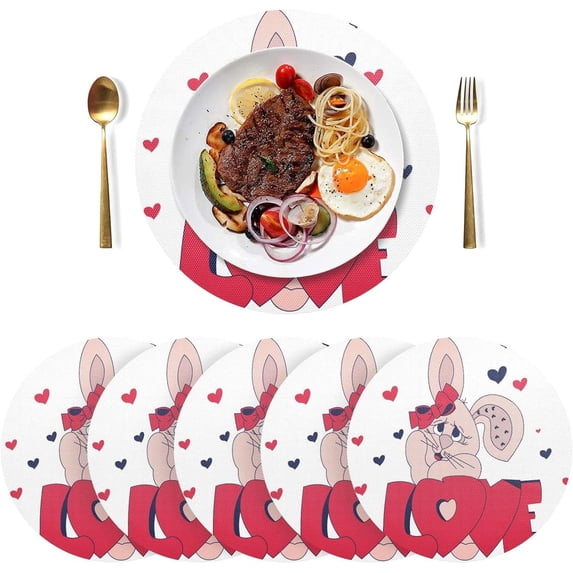 GZHJMY Valentine's Day Cute Bunny Placemats 6Pcs,Holidays PVC Weave Place Mats Table Mats Non-Slip Easy to Clean for Home Kitchen BBQ Party Table Decor,15.4"