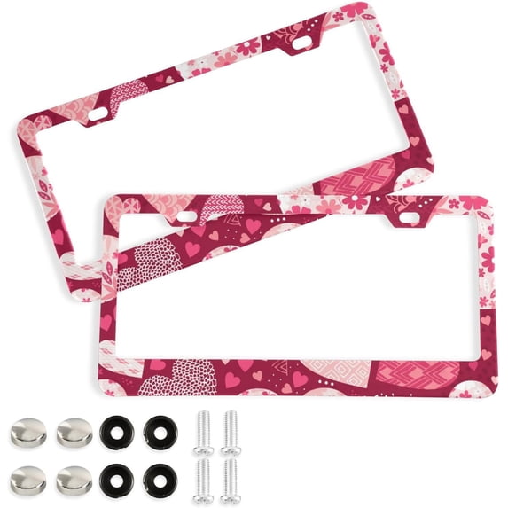 GZHJMY Valentine's Day Love Heart License Plate Frames 2pcs, Waterproof Aluminum Alloy Front Rear Tag Car License Plate Cover with Screw Cap Set for US Vehicles, 12 x 6 Inch