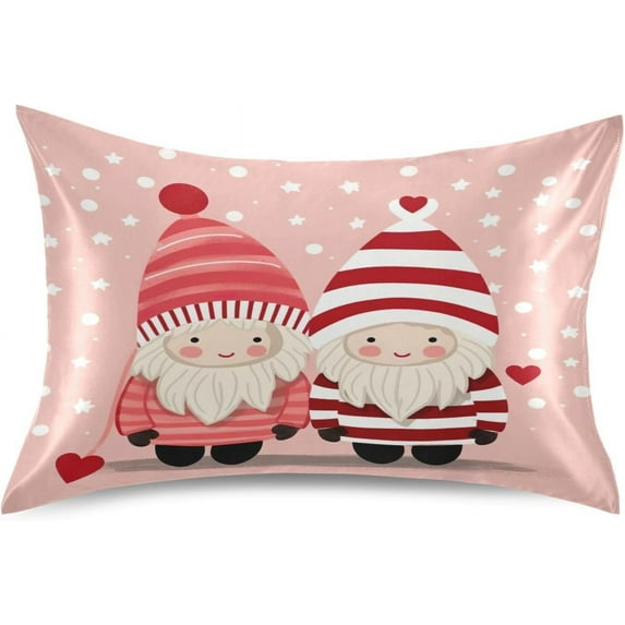 GZHJMY Valentine's Day Silk Pillowcase for Hair and Skin 1PCS,Cute Gnomes Satin Pillow Covers Queen Size 20×30In Home Decor