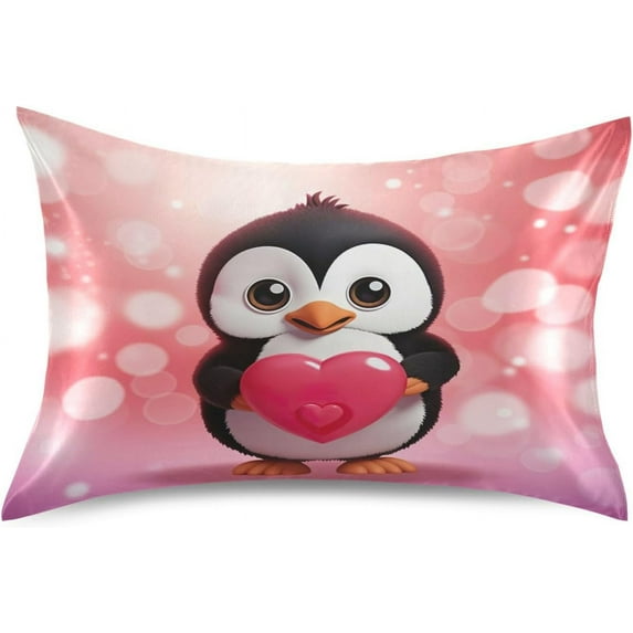 GZHJMY Valentine's Day Silk Pillowcase for Hair and Skin 1PCS,Cute Penguins and Love Hear Satin Pillow Covers Queen Size 20×30In Home Decor