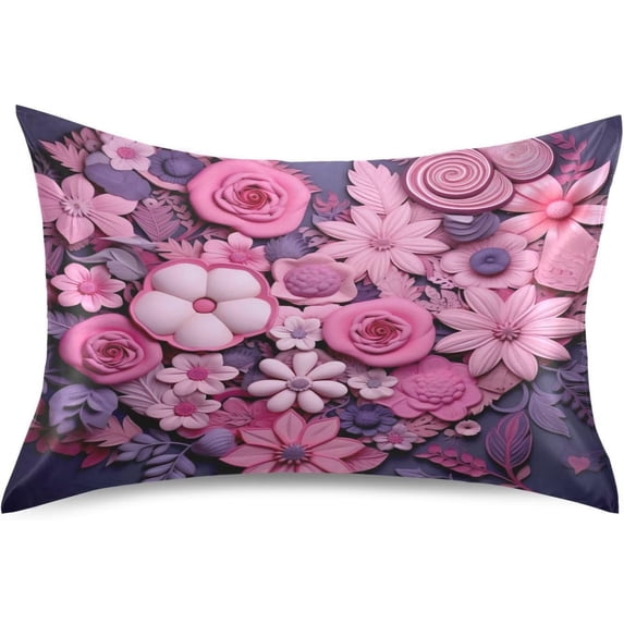 GZHJMY Valentine's Day Silk Pillowcase for Hair and Skin 1PCS,Flowers and Love Heart Satin Pillow Covers King Size 20×40In Home Decor