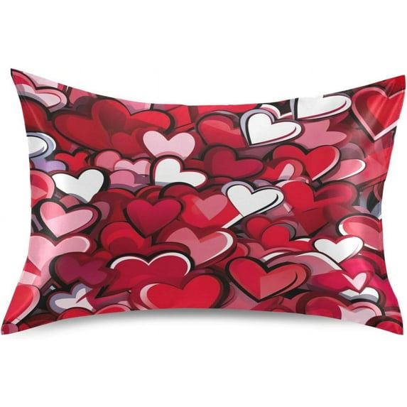 GZHJMY Valentine's Day Silk Pillowcase for Hair and Skin 1PCS,Red Love Heart Satin Pillow Covers Queen Size 20×30In Home Decor