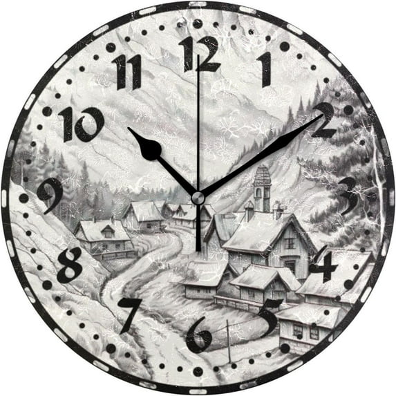 GZHJMY Village Drawing Wall Clock, Silent Non Ticking 10 Inch Battery Operated Wall Clocks, Easy to Read Clock for Home Kitchen Living Room Bathroom Office Decor