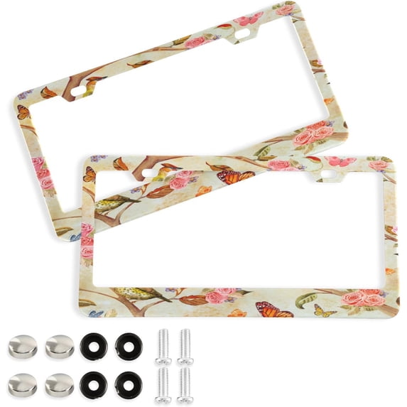 GZHJMY Vintage Birds License Plate Frame 2 Pack 2 Holes Car Aluminum License Plate Holder Automotive Parts Decoration Universal with Screw Caps Cover