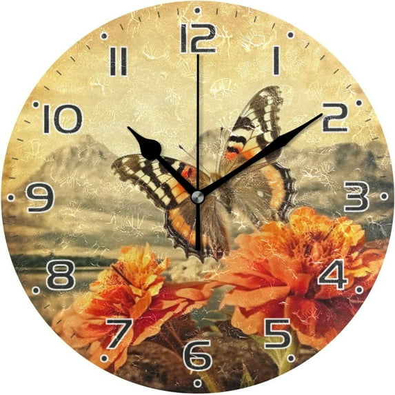 GZHJMY Vintage Butterfly Clock Silent Round Wall Clock Non Ticking Battery Device Clocks Creative Decoration Wall Clock for Living Room Bedroom Office Kitchen