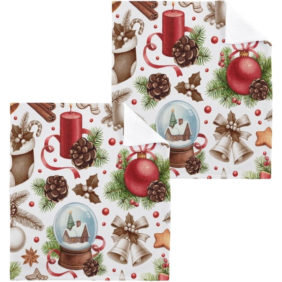 GZHJMY Vintage Christmas Ball Jingling Bell Wash Cloths 2 Pcs Small Cotton Wash Towels for Kitchen Bathroom