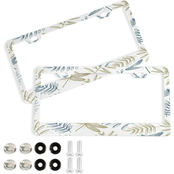 GZHJMY Vintage Dragonfly Leaf License Plate Frames Set of 2, Universal Aluminum License Plate Holders 2 Holes Car Tag Frames Automotive Exterior Accessories with Screw Caps Decorative