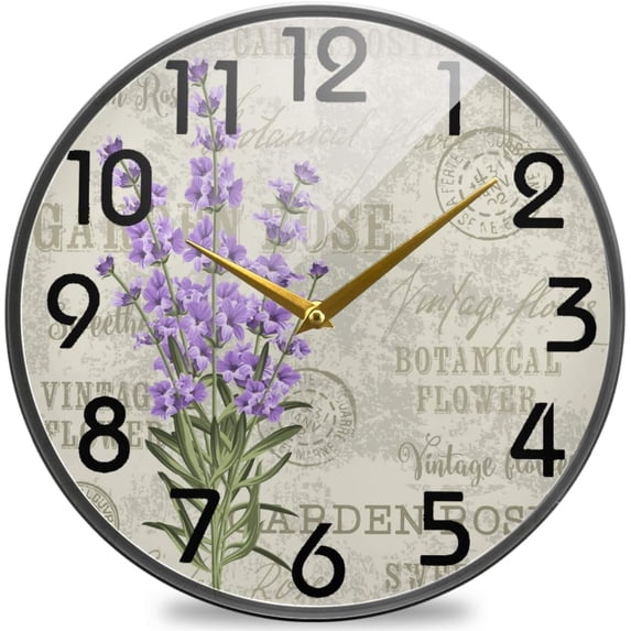 GZHJMY Vintage Lavender Elegant Flower Print Round Wall Clock, 9.5 Inch Silent Battery Operated Quartz Analog Quiet Desk Clock for Home,Office,School