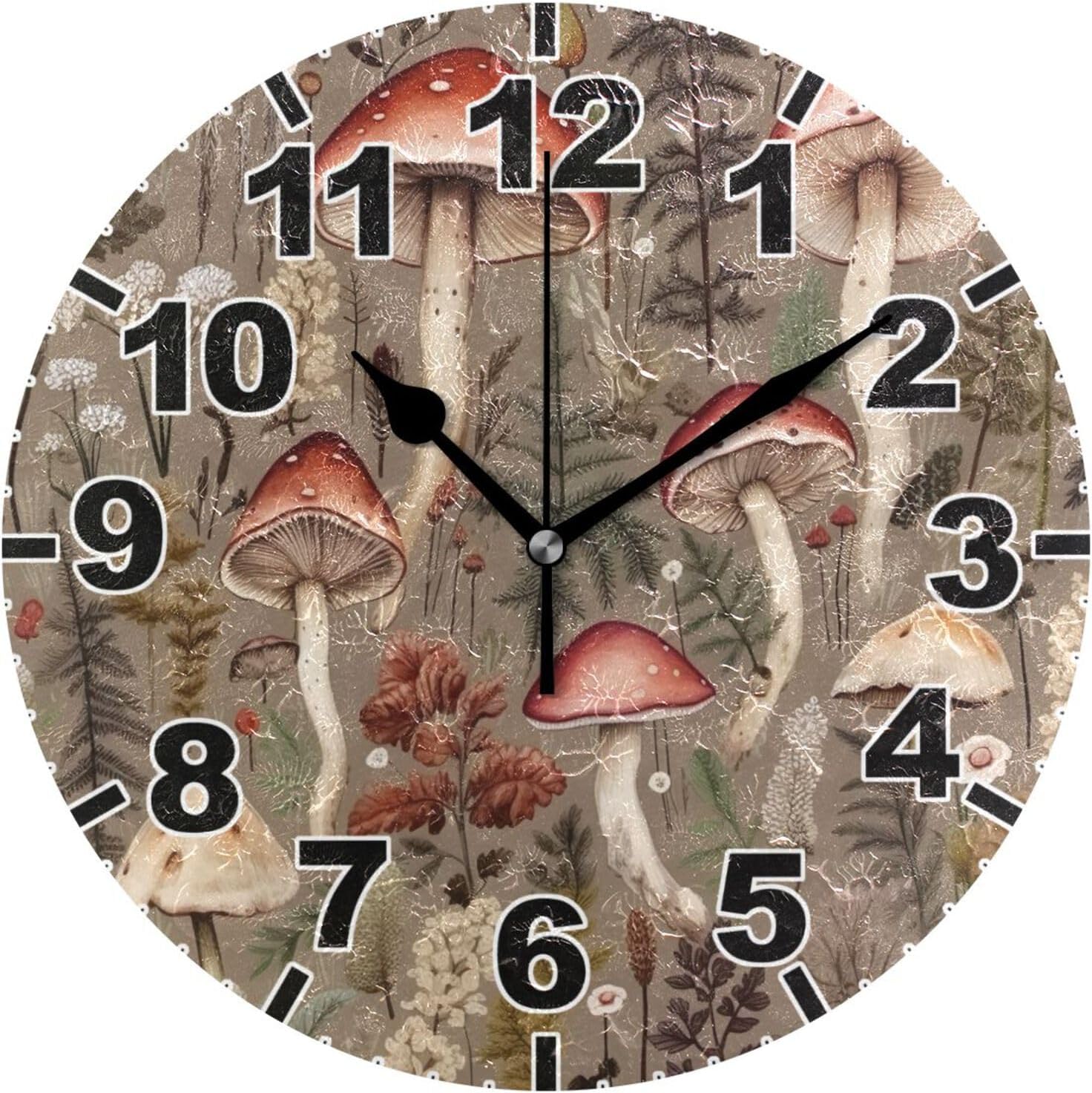 GZHJMY Vintage Mushroom Round Wall Clock, Battery Operated Silent Non ...