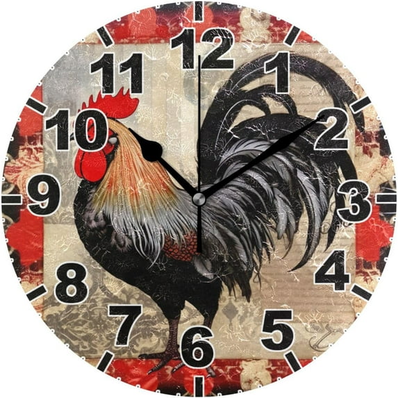 GZHJMY Vintage Rooster Round Wall Clock, Battery Operated Silent Non Ticking Desk Clock for Home Bedroom Kitchen Office School Decor Wall Clock 9.9 Inch