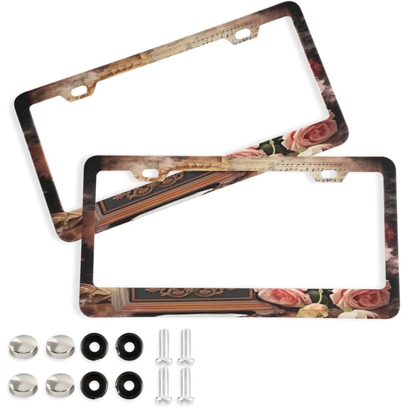 GZHJMY Vintage Roses License Plate Frames 2PCS Car License Plate Holder with Screw Parts Cover Set Automotive Car Accessories Decor for Universal US Vehicles