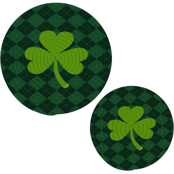 GZHJMY Vintage Shamrock Clover Leaves Green Plaid Trivet Pot Holder, Round Woven Potholders Set 2PCS-Braided - Coasters - Table Mats 133 for Kitchen Pans Bowl Teapot