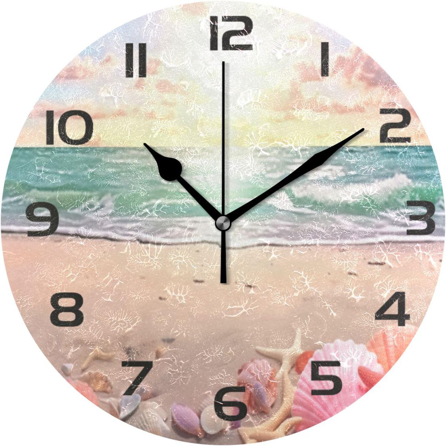 GZHJMY Wall Clock Beach Starfish Shells 10 Inch Silent Non Ticking ...