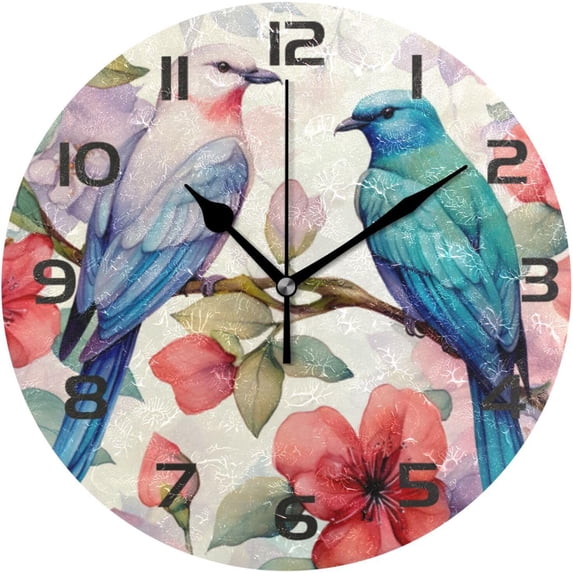 GZHJMY Wall Clock Birds Flowers 10 Inch Silent Non Ticking Quality Quartz Battery Operated Digital Round Easy to Read for Home Office Kitchen Decorative