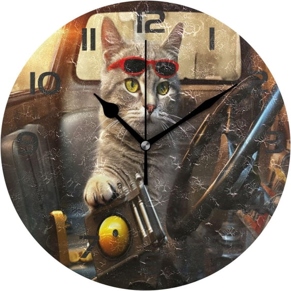 GZHJMY Wall Clock Driver Cat 10 Inch Silent Non Ticking Quality Quartz Battery Operated Digital Round Easy to Read for Home Office Kitchen Decorative