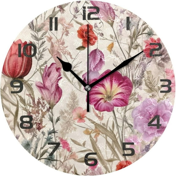 GZHJMY Wall Clock Floral Print 10 Inch Silent Non Ticking Quality Quartz Battery Operated Digital Round Easy to Read for Home Office Kitchen Decorative