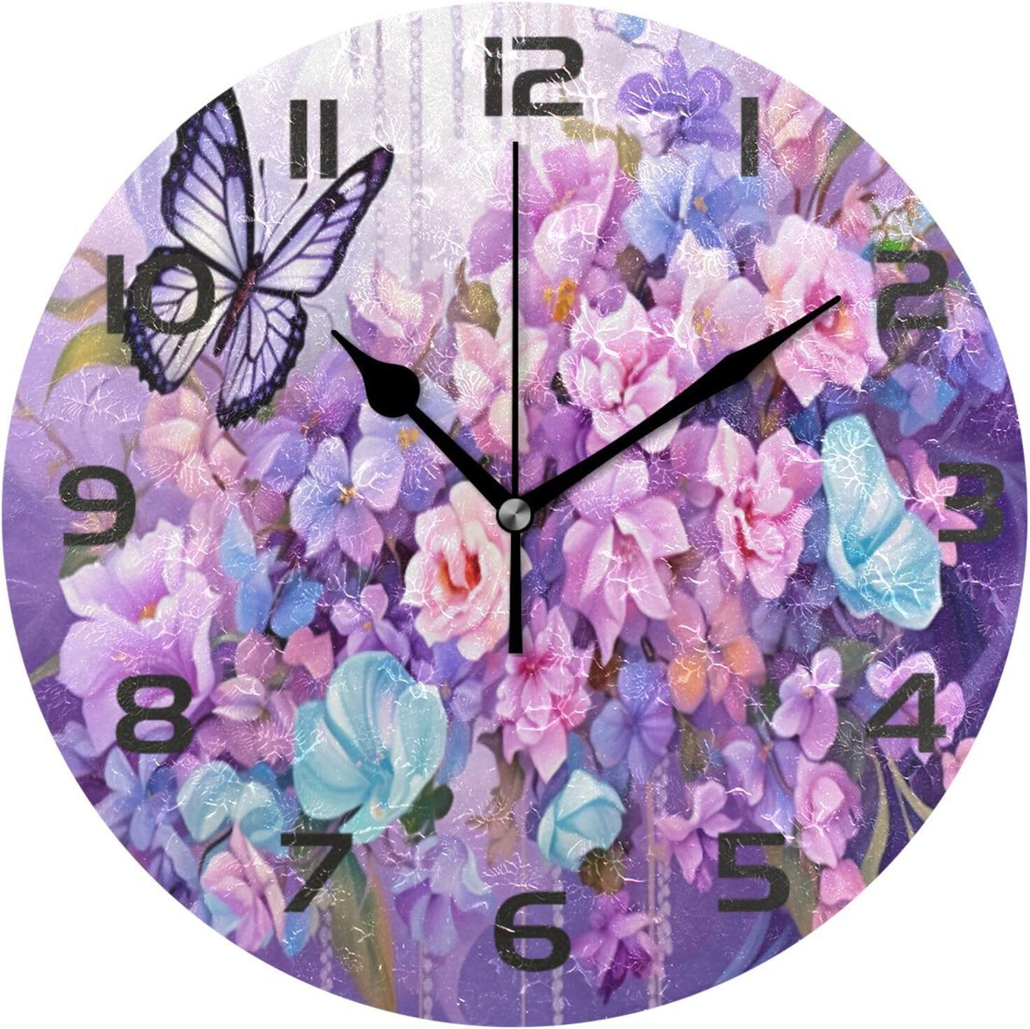 GZHJMY Wall Clock Flowers Butterflies 10 Inch Silent Non Ticking ...