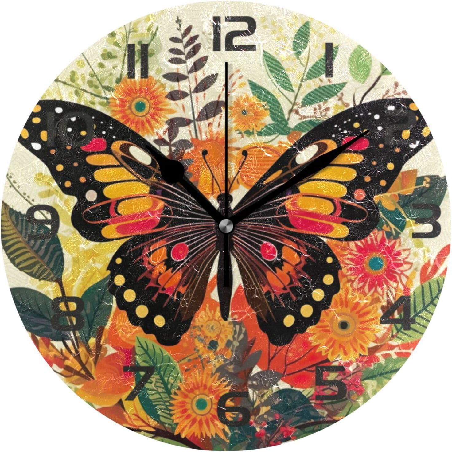 GZHJMY Wall Clock Flowers Butterflies 10 Inch Silent Non Ticking ...