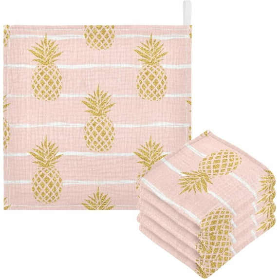 GZHJMY Washcloths Set Bathroom Kitchen Wash Cloths Face Towels Wipes Gold Pineapple on Striped Decorative 12x12 Inch 5 Pack
