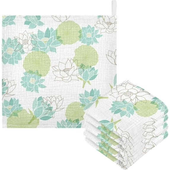 GZHJMY Washcloths Set Bathroom Kitchen Wash Cloths Face Towels Wipes Lotus Green Decorative 12x12 Inch 5 Pack