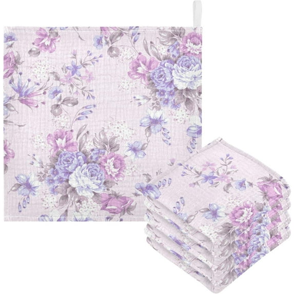 GZHJMY Washcloths Set Bathroom Kitchen Wash Cloths Face Towels Wipes Vintage Purple Rose Flower Decorative 12x12 Inch 5 Pack
